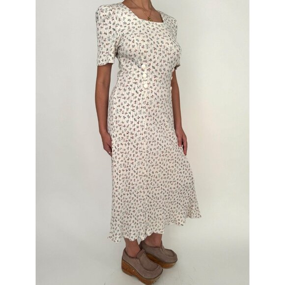 80s vintage floral print coquette prairie fitted ribbed cotton long midi dress - Picture 6 of 8